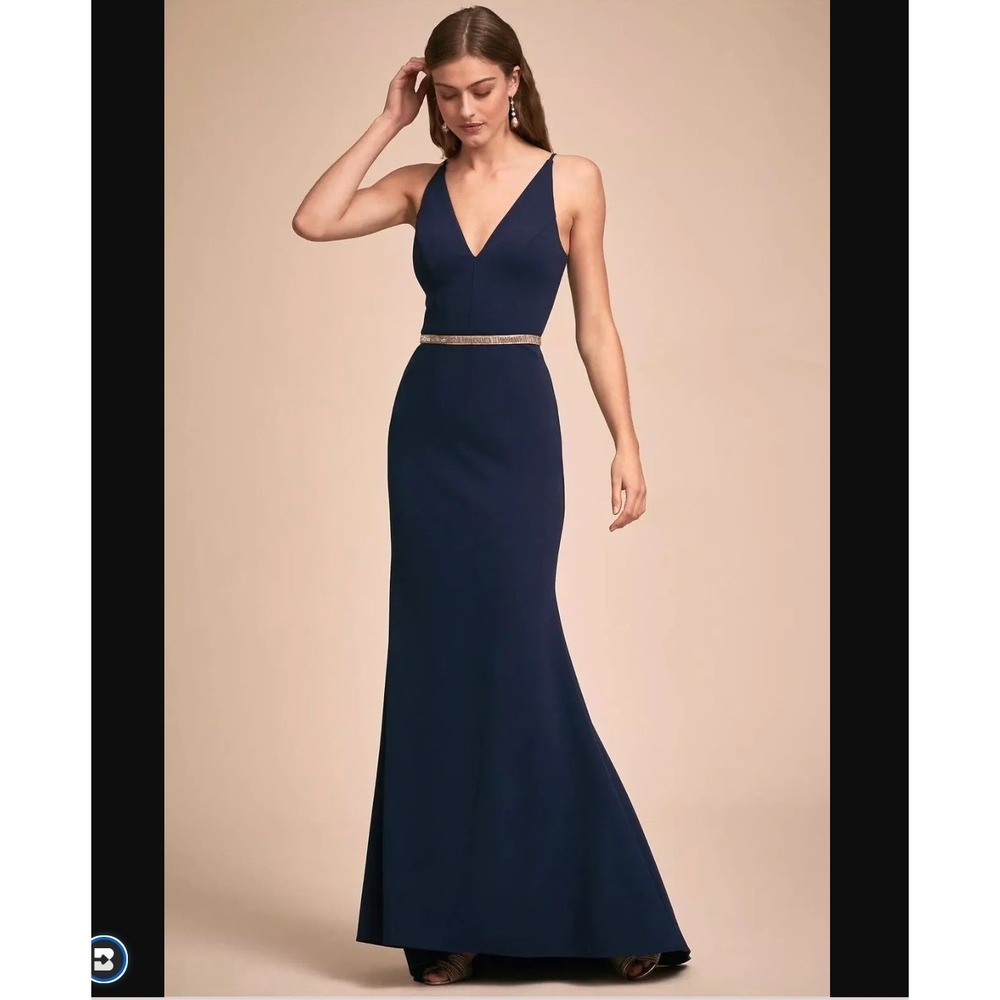 BHLDN Navy Mermaid Gown Size 10 V-Neck Spaghetti Strap Floor Length Cocktail